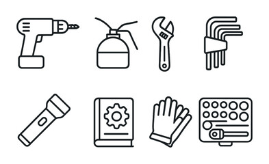 Obraz premium Tool Icons Grid. Outline vector icons of repair and maintenance tools: electric drill, oil can, adjustable