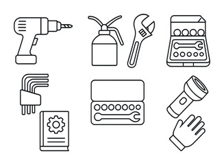 Tool Icons Grid. Outline vector icons of repair and maintenance tools: electric drill, oil can, adjustable