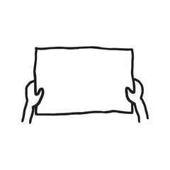 Hand-drawn cartoon hands holding a blank sign. Doodle sketch of a person with an empty placard for message or protest. Vector illustration isolated on white.
