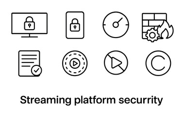 Streaming Security Icons. Outline icon set of streaming platform security: smart TV lock, secure mobile app,