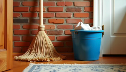 Home cleaning essentials with a straw broom and blue bucket against brick wall for effective chores with copy space; domestic organization