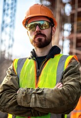 Fototapeta premium A construction worker wearing a hard hat, safety vest, and sunglasses stands with arms crossed in front of a construction site. The background shows scaffolding and a partly cloudy sky.
