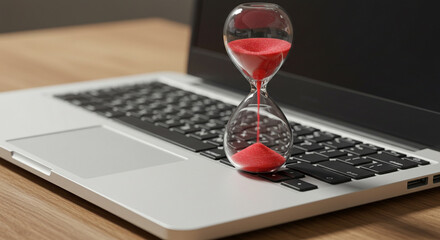 Hourglass on Laptop Keyboard Representing Time Management and Productivity Concepts