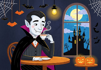 Cartoon vampire drinking tea at table with halloween decorations