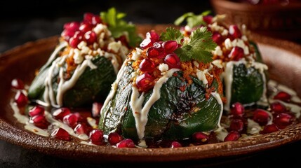 Beautiful and authentic presentation of Chiles en Nogada, traditional Mexican cuisine, vibrant colors, rich textures, food photography masterpiece
