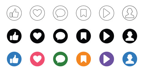 Like, love, heart, thumb up, repost, comment, share, save, stories user button sign in circle and speech bubble shapes, emoji post reactions, set social media notification functional icons – vector