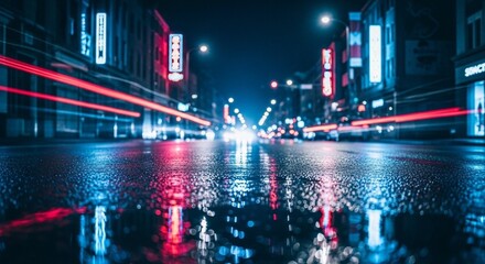 Obraz premium Vibrant City Street at Night with Streaking Lights and Reflections