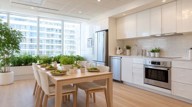 Coworkers Enjoying Lunch Together in a Modern Office Kitchen