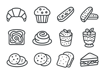 Café Snack Icons. Outline icon set of café food pairings: croissant, muffin, biscotti, avocado toast, cinnamon