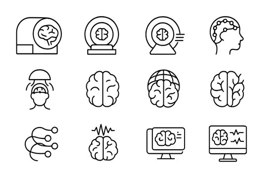 Brain Imaging Techniques. Outline vector icons of brain imaging techniques: fMRI, PET scan, CT scan, EEG, MEG,