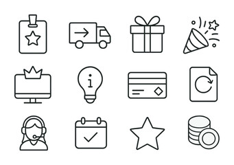 Membership Benefits Icons. Outline vector icons of membership benefits: VIP pass, free shipping, birthday gift