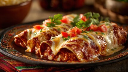 Beautiful and authentic presentation of Enchiladas, traditional Mexican cuisine, vibrant colors, rich textures, food photography masterpiece