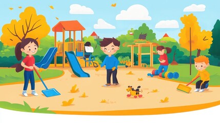 Fototapeta premium Children cleaning up leaves at a playground with slides and trees on a sunny autumn day scene