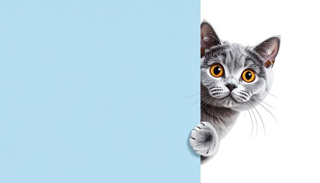 Charming British Shorthair Cat Peeking Around Light Blue Wall with Cute Expression