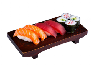 Assortment of sushi and maki rolls isolated on transparent background