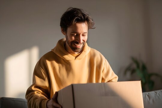A happy man opens a cardboard box in a room, bathed in soft sunlight. Buy product from online store