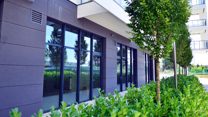 Panoramic windows of new commercial premises. Commercial property in development standard for rent.