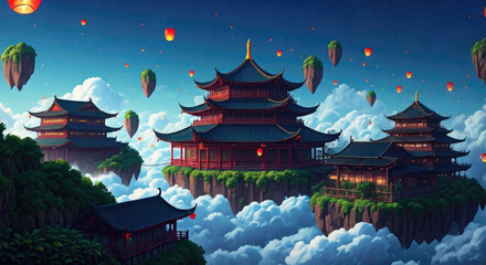 Fantasy Red Asian Buildings Floating Amidst Fluffy White Clouds