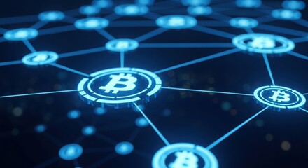 Digital network of connected bitcoin cryptocurrency symbols glowing blue