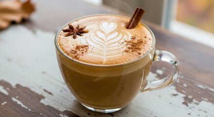 Cozy Autumn Spiced Latte with Latte Art and Cinnamon Stick