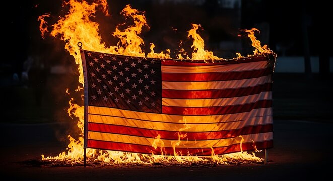 American flag engulfed in flames, symbolizing protest and political unrest