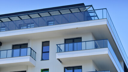 Modern architecture of urban residential apartment building. Apartment building exterior, residential house facade.