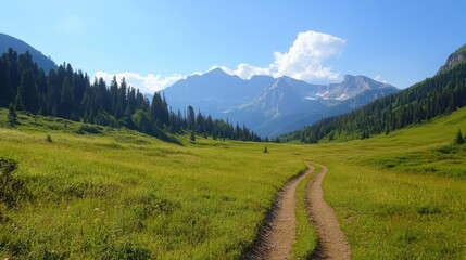 A winding dirt road through a grassy meadow, surrounded by towering mountains.