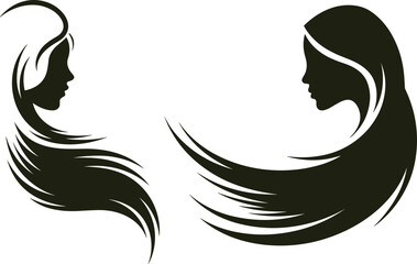Elegant Silhouette Art of Two Women with Flowing Hair, Beauty, Fashion, Feminine Design, Vector Illustration, Abstract Graphic Style