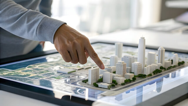 Geospatial Analytics A person points at a modern city architectural model displayed on a digital touchscreen table.