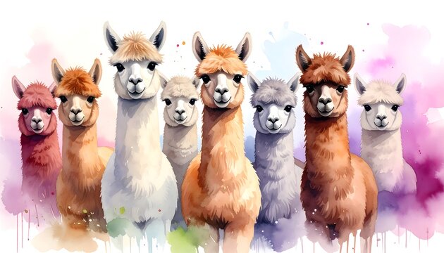 Charming Watercolor Painting of Adorable Alpacas Standing Together Merrily