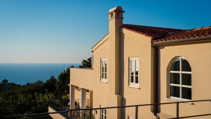 Obraz premium Luxurious Mediterranean Villa Overlooking the Azure Sea and Lush Greenery