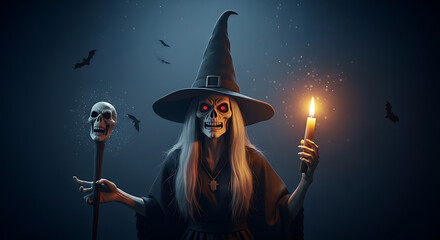 Spooky witch with skull mask holding candle and staff