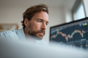 focused man analyzing cryptocurrency charts on his computer screen in bright home office