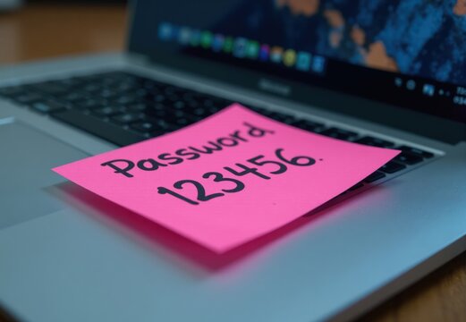Laptop Keyboard with Pink Sticky Note Password