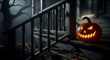 Illuminated jack-o'-lantern on porch steps at night