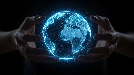 Hands holding a glowing blue hologram of the Earth, representing global connection and futuristic technology