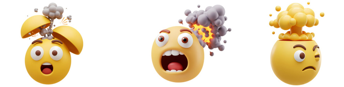Three yellow emoji heads with different expressions and smoke coming from their heads in a row on transparent background