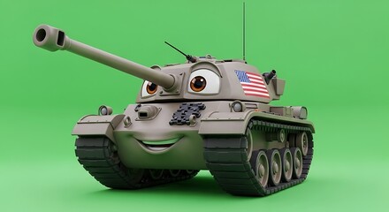 Cartoon tank character with american flag on a green background