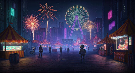Cityscape Fair with Illuminated Ferris Wheel and Nighttime Fireworks