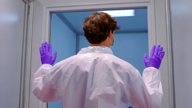 Preparing for the Clean Room: An individual garbed in protective suit and gloves, signifying the stringent environment control protocols essential for advanced research or manufacturing operations.