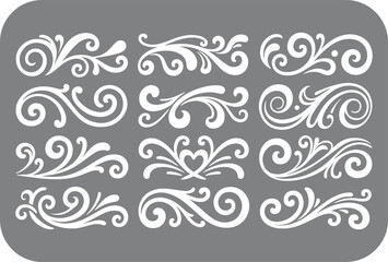 Collection of elegant white floral scrollwork and decorative flourishes arranged in a grid on a gray background perfect for vintage design elements