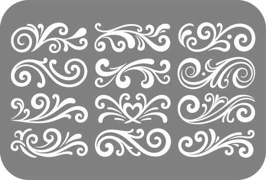 Collection of elegant white floral scrollwork and decorative flourishes arranged in a grid on a gray background perfect for vintage design elements