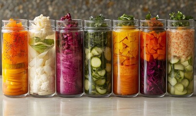 Vibrant collection of assorted fermented foods displayed in clear glass jars, featuring a colorful array of textures and hues from vegetables and fruits. The image highlights the health, Generative AI