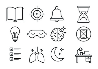 Mental Clarity Icons. Outline icon set of mental clarity: open book, focus icon, mindfulness bell, hourglass,