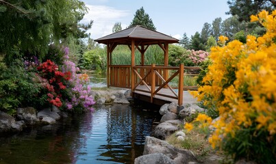 beautiful gazebo in the middle of a garden pond with a beautiful wooden bridge and colorful
