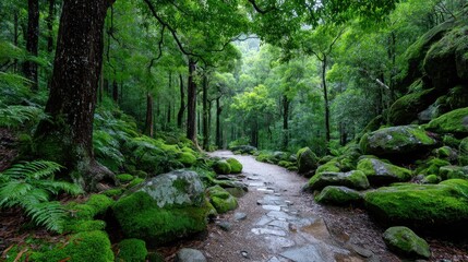 Lush Green Rainforest Path With Rocks and Moss
