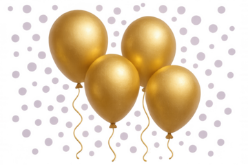 Four golden balloons floating on a transparent background with falling confetti, perfect for celebration, party, or birthday themes