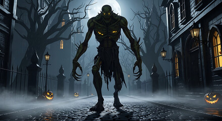 Spooky halloween scene with monster, jack-o'-lanterns, and foggy street