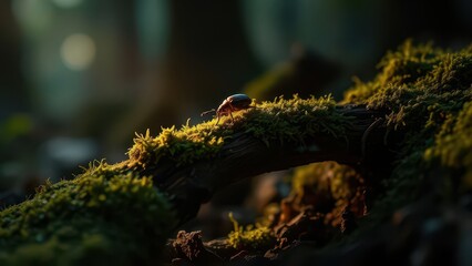 A tiny weevil crossing a bridge of moss-covered roots in the shadowed forest ground. Generative AI