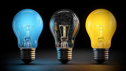 Three light bulbs, one blue, one gray, and one yellow, arranged horizontally against a dark background